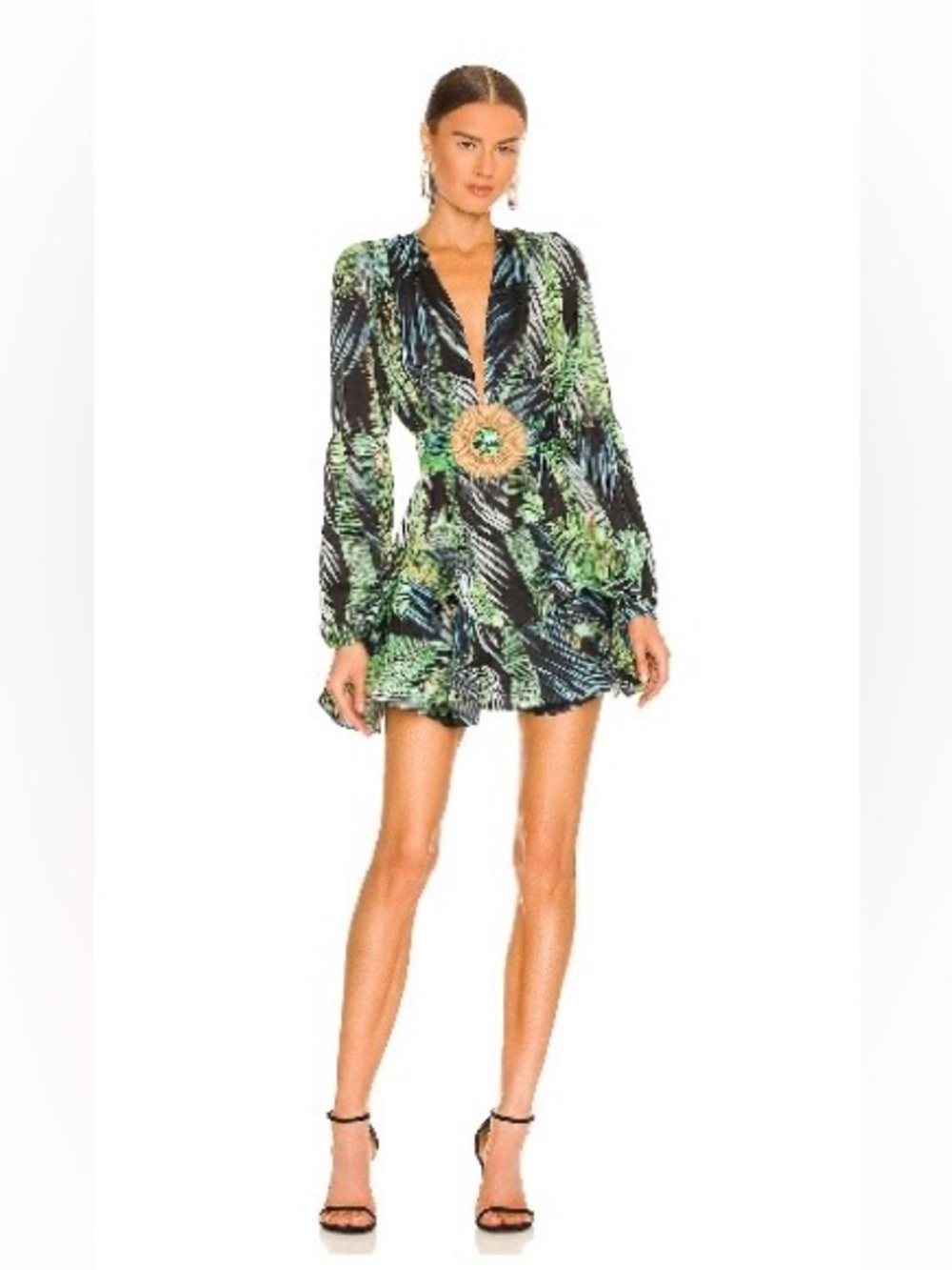 Bronx and Banco Black and Green Plunge-Waist Mini Dress